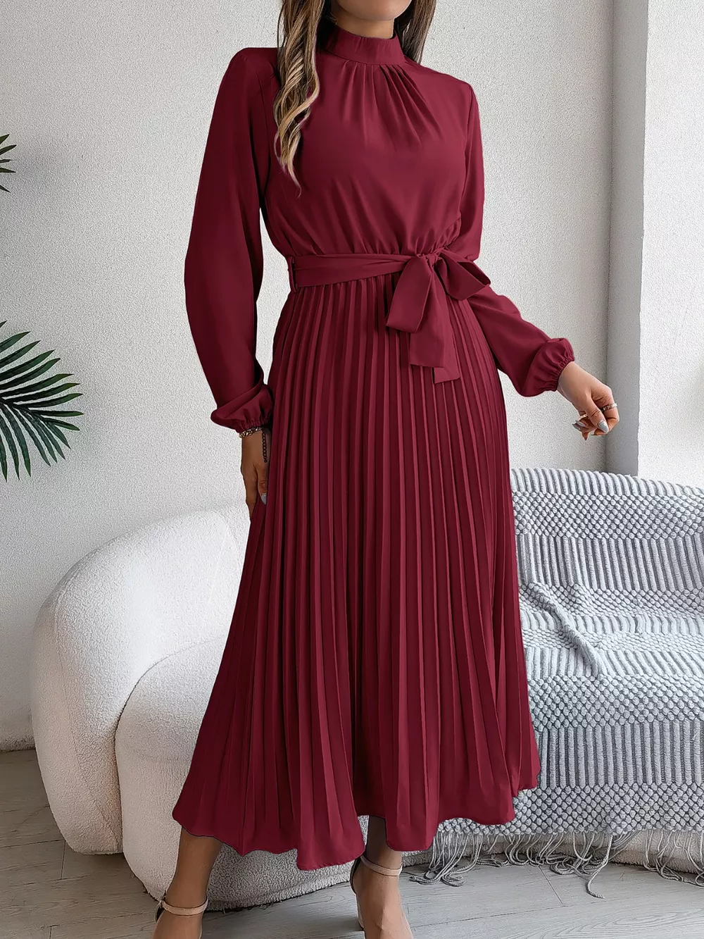 Mock Neck Pleated Midi Dress, image 24