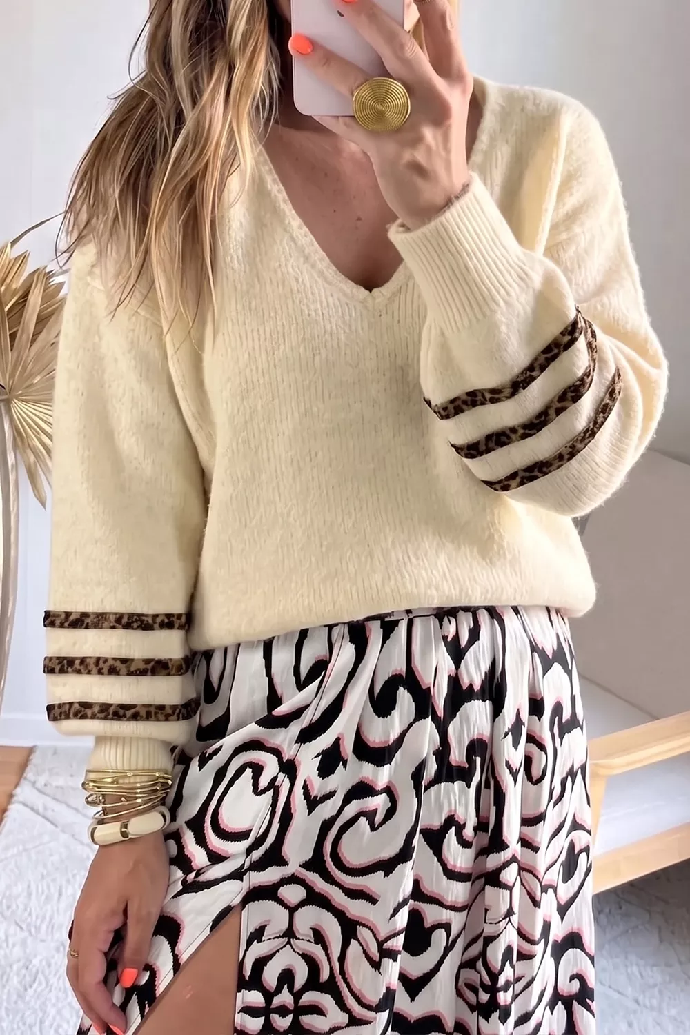 Leopard Striped V-Neck Sweater, image 2