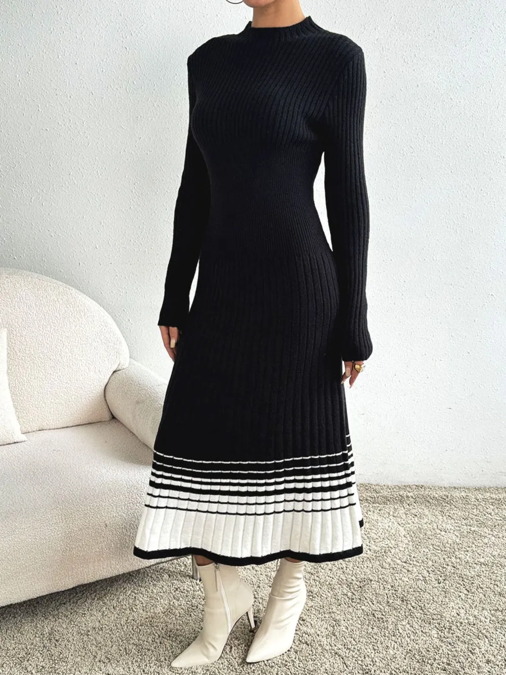 Contrast Mock Neck Long Sleeve Sweater Dress, image 5