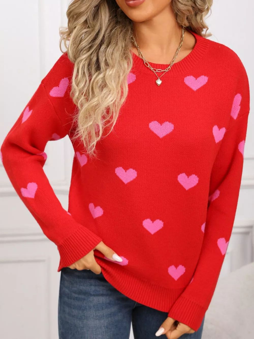 Valentine's Day Heart Pattern Dropped Shoulder Sweater, image 17