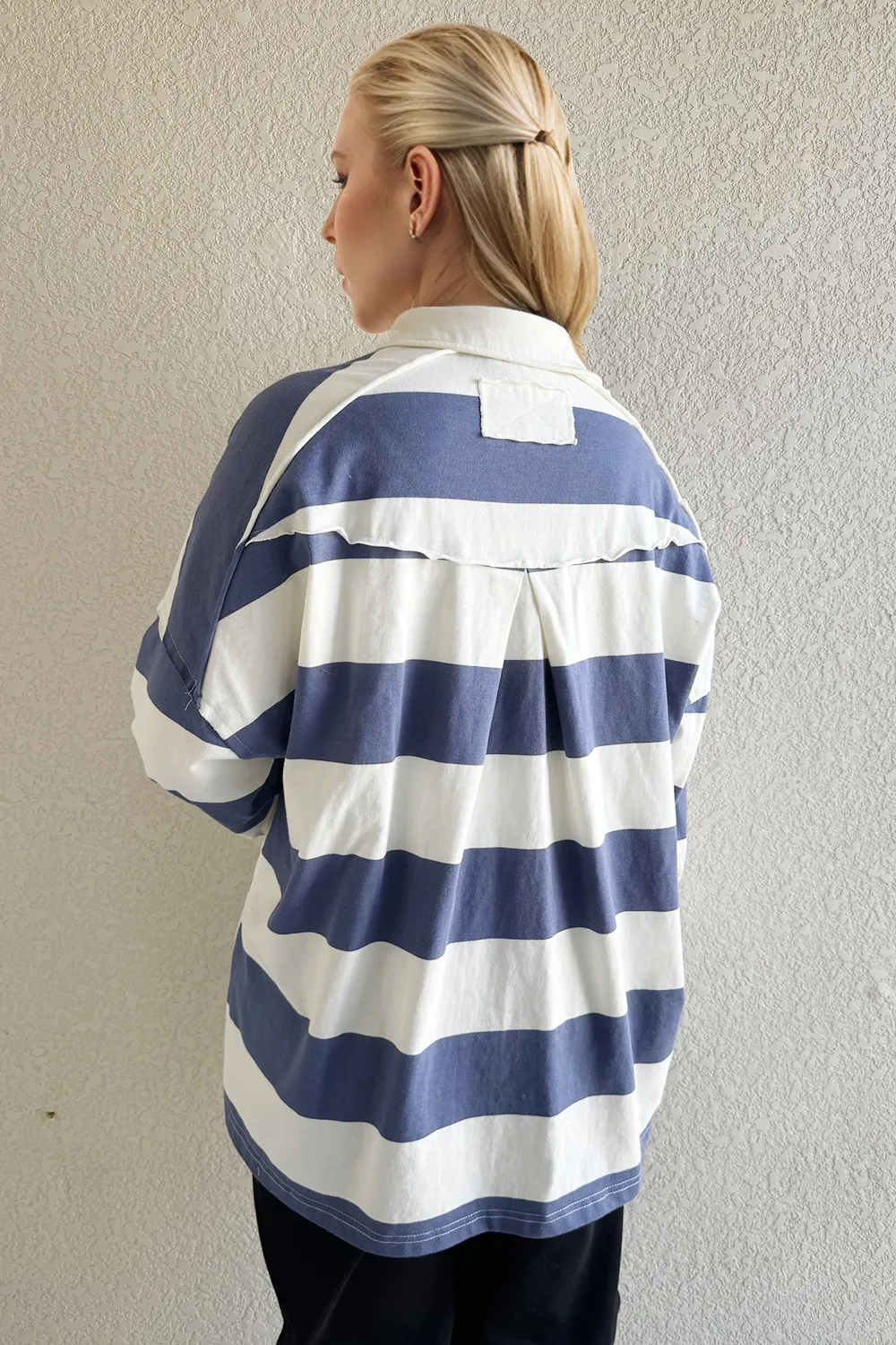 Pima Cotton Wash Wide Striped Collared Neck Long Sleeve Top, image 4