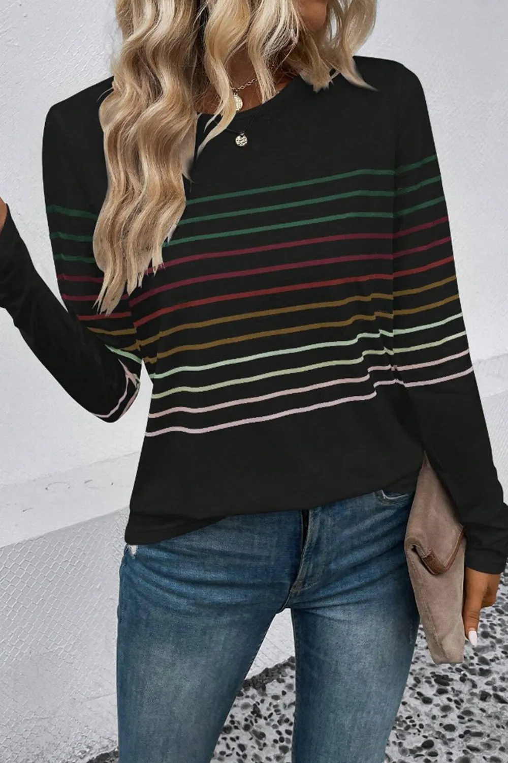Striped Round Neck Long Sleeve T-Shirt, image 4