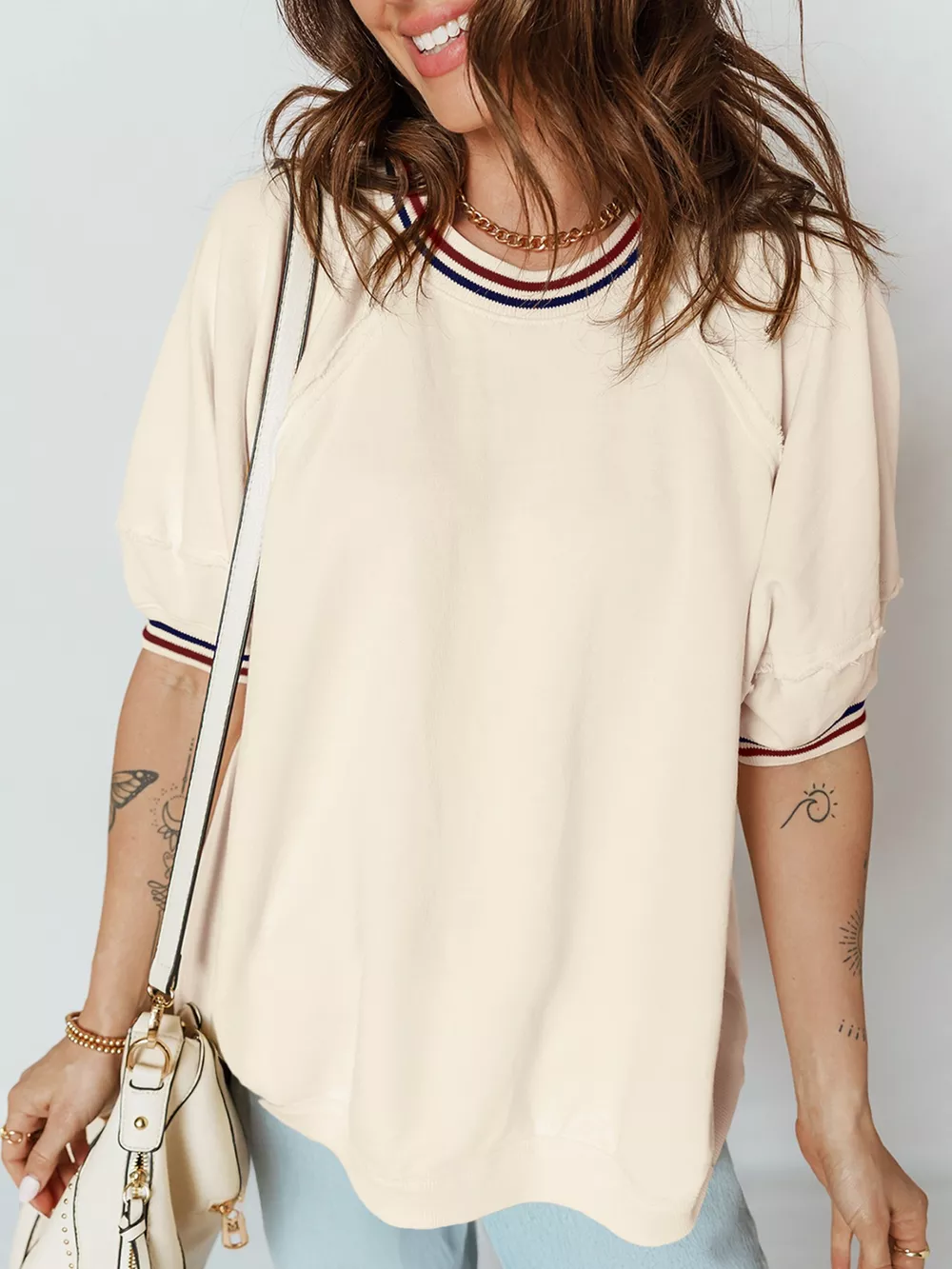 Contrast Varsity Striped Neckline Cuffed Short Sleeve Loose Tunic Top, image 5