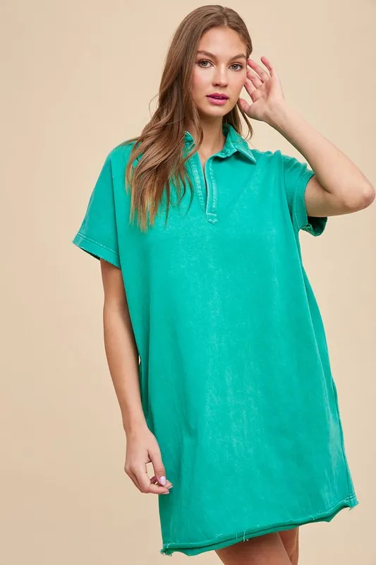 Mineral Washed Johnny Collar Short Sleeve Dress