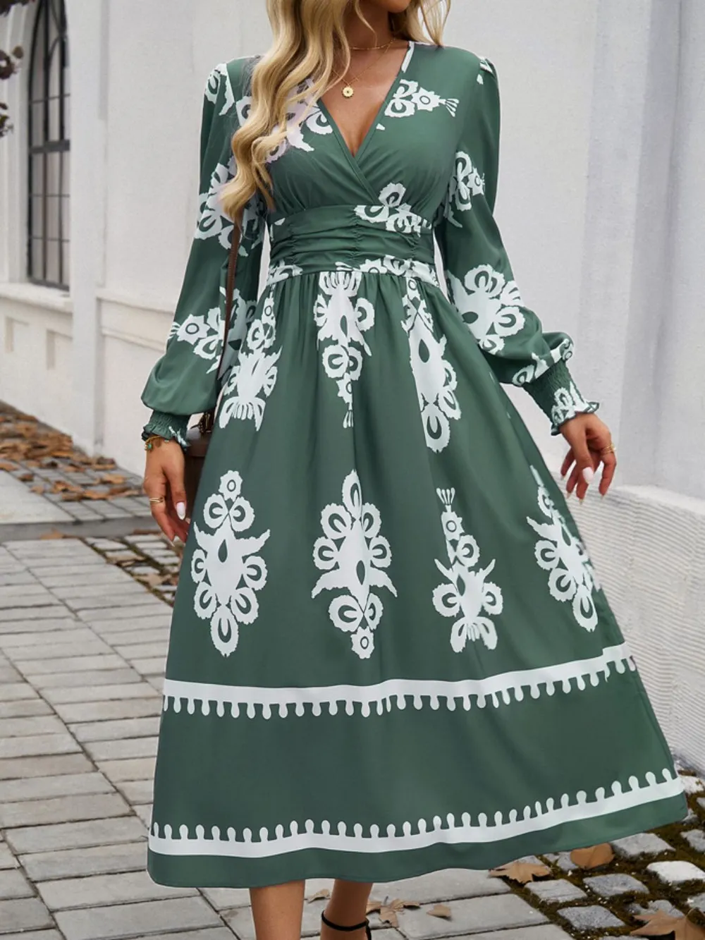 Printed Surplice Lantern Sleeve Midi Dress, image 3