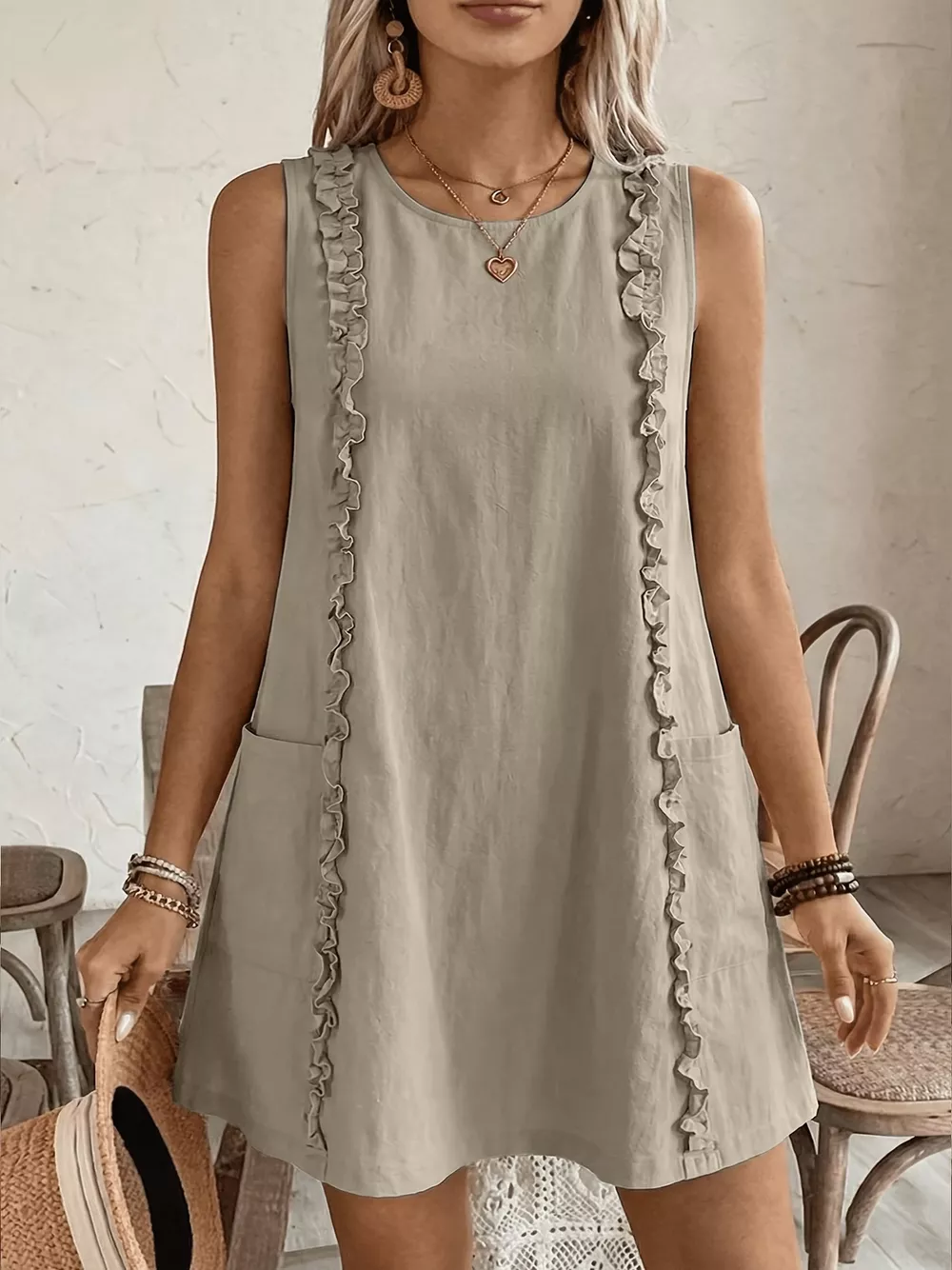 Frill Sleeveless Round Neck Dress, image 5