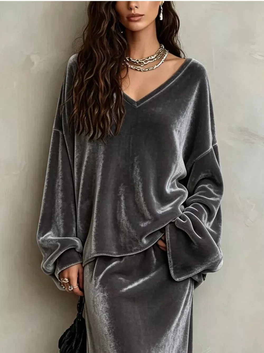 V-Neck Velvet Long Sleeve Top and Maxi Skirt Two-Piece Set, image 10