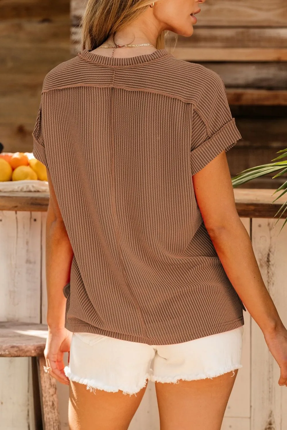Casual Ribbed Short Sleeve Round Neck T-Shirt, image 32