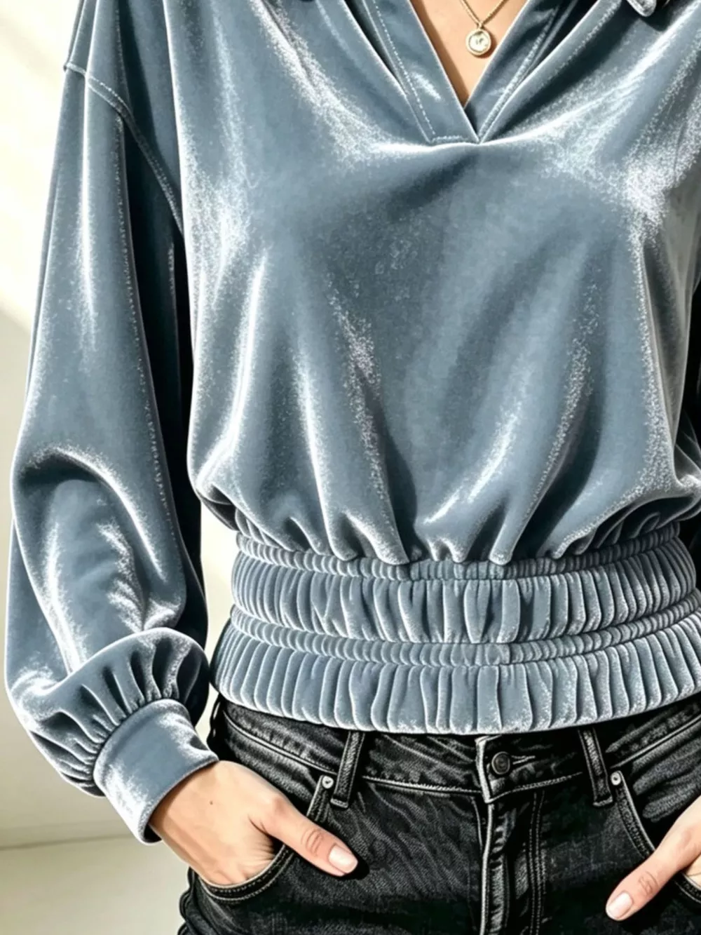 Velvet Johnny Collar Long Sleeve Blouse, image 2