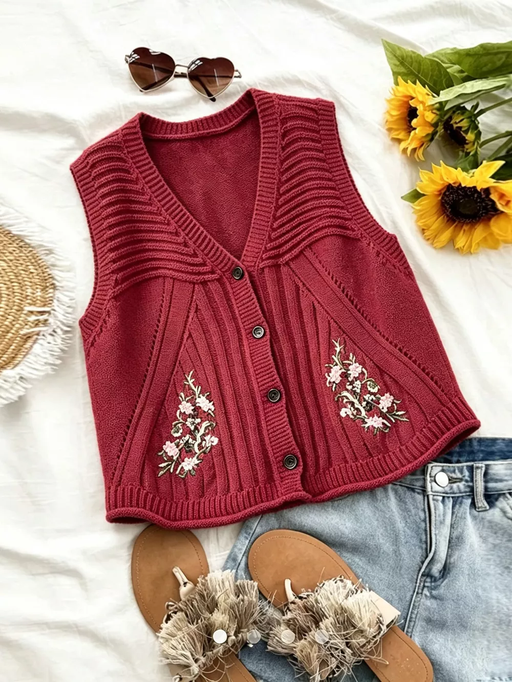 Floral Embroidered V-Neck Button-Down Sweater Vest, image 3