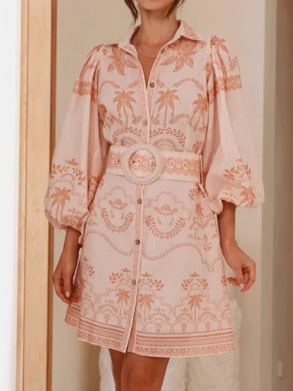Printed Button Down Shirt Dress with Belt, image 13