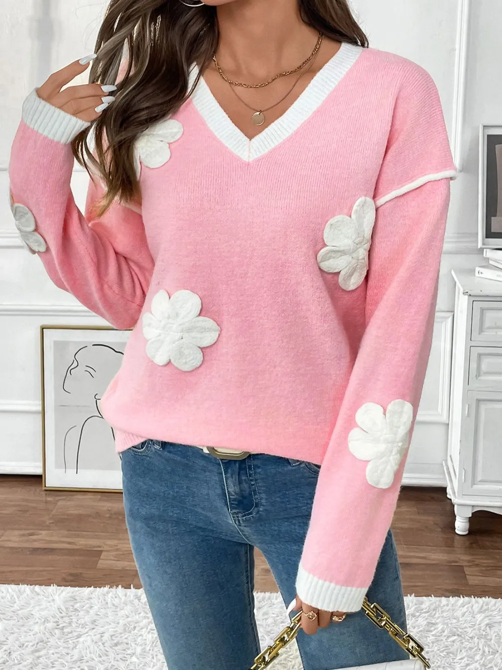 Flower V-Neck Long Sleeve Sweater, image 2