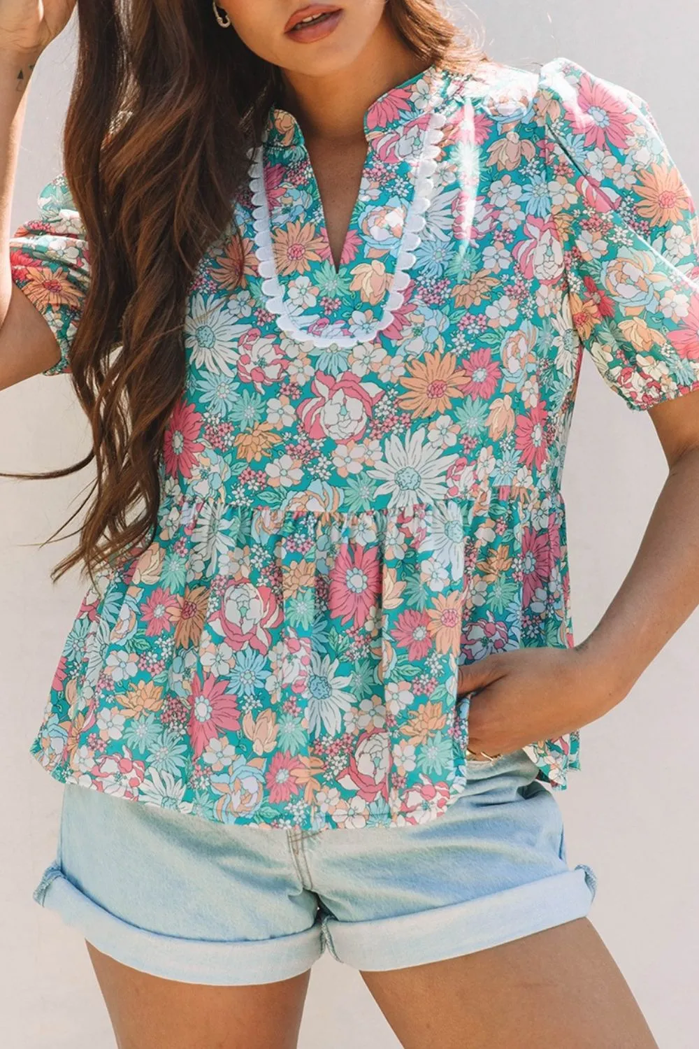 Multicolour Notched Neck Puff Short Sleeve Floral Blouse, image 11