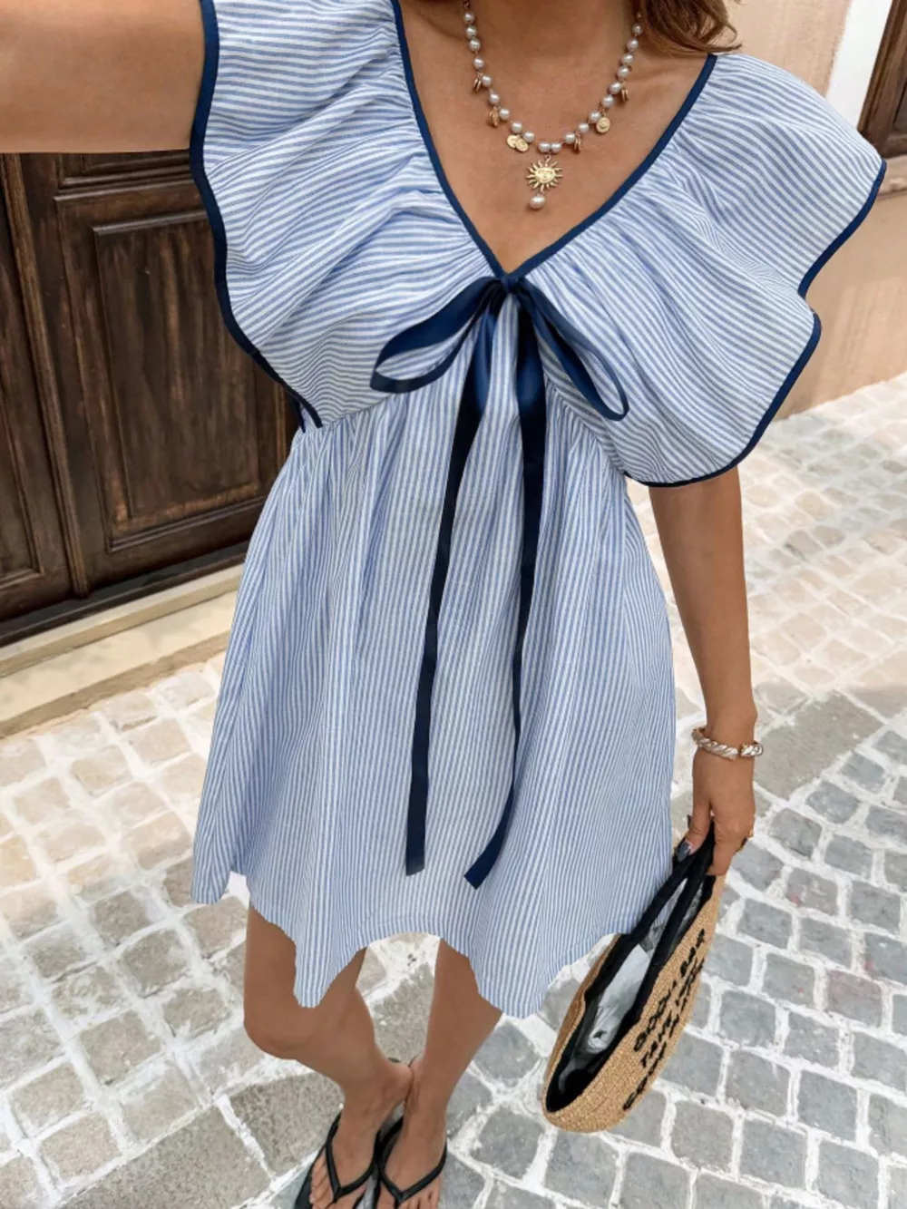 Striped Ruffle Sleeve Mini Dress, image 3