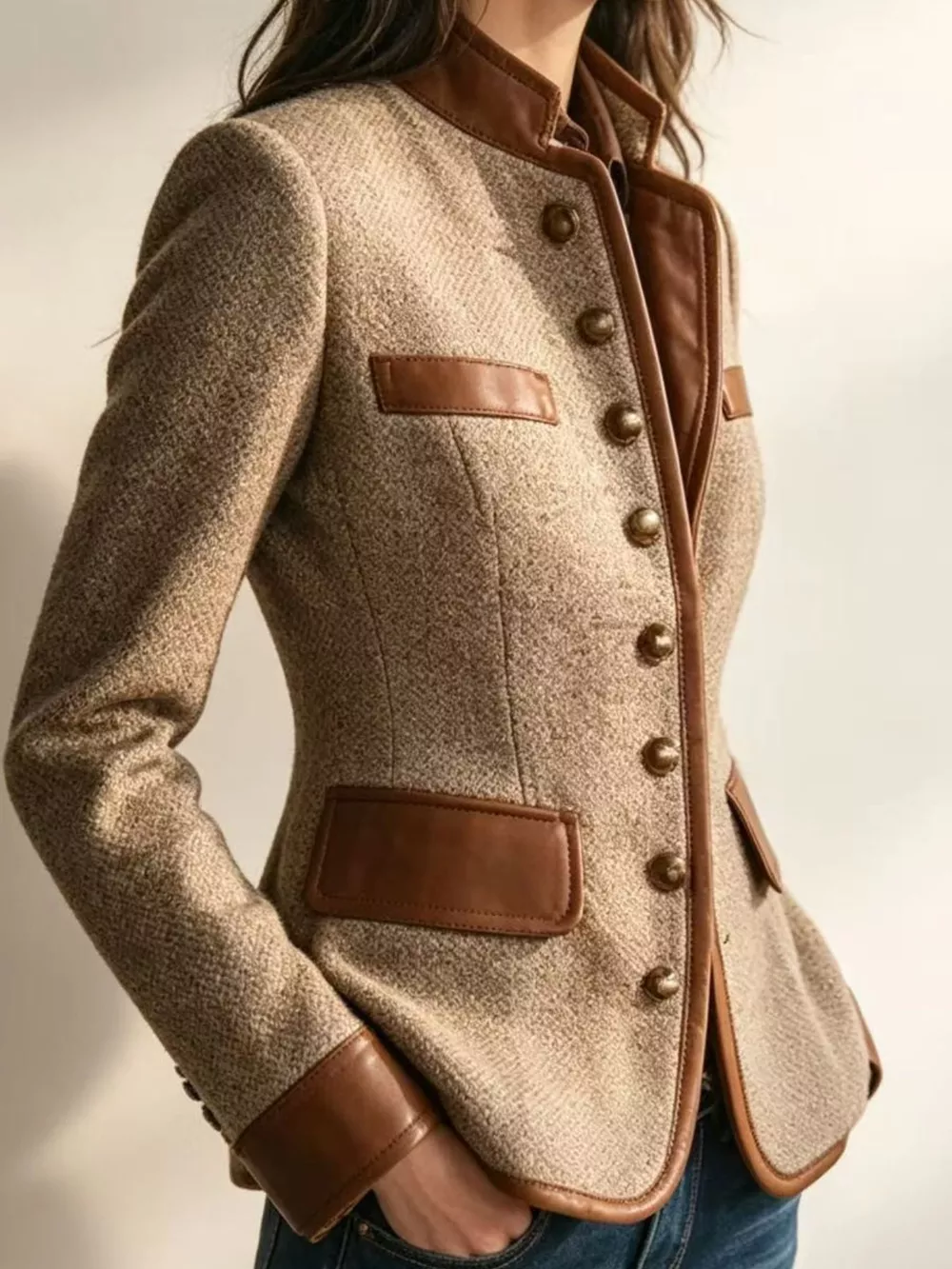 Full Size Contrast Trim Tweed Outerwear Plus Size, image 3