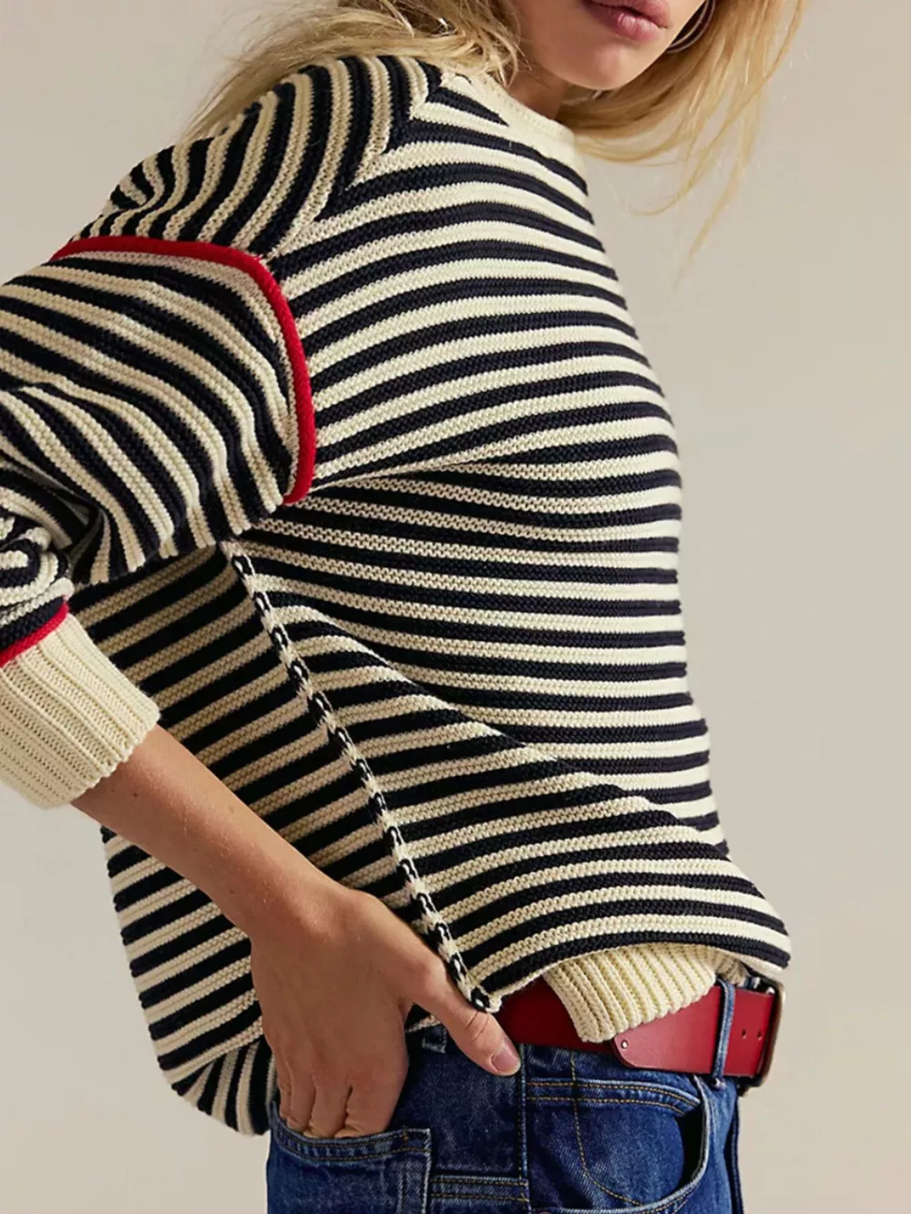 Striped Knit Round Neck Sweater, image 2
