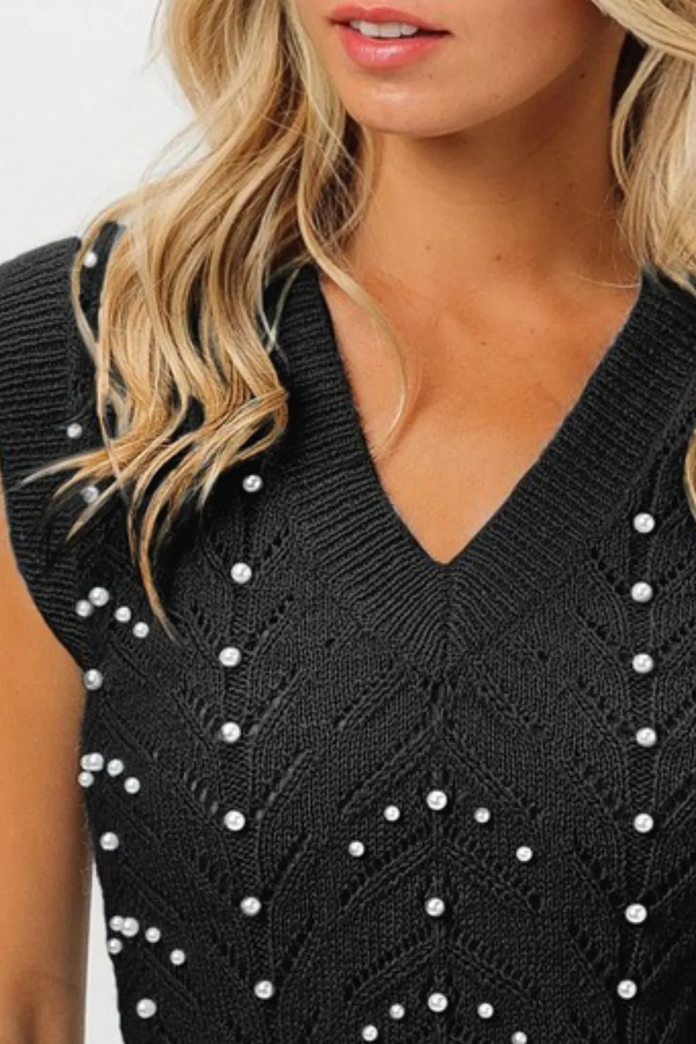 Chevron Pointelle Pearl Knit Top, image 3