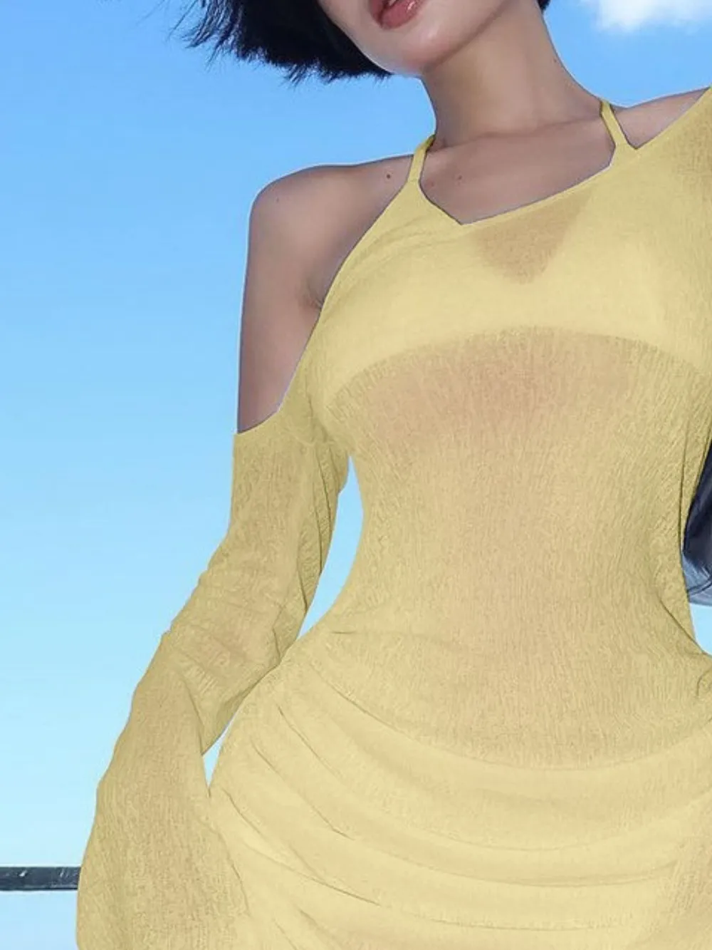 One-Shoulder Bell Sleeve Ruched Mini Cover-Up Dress, image 16