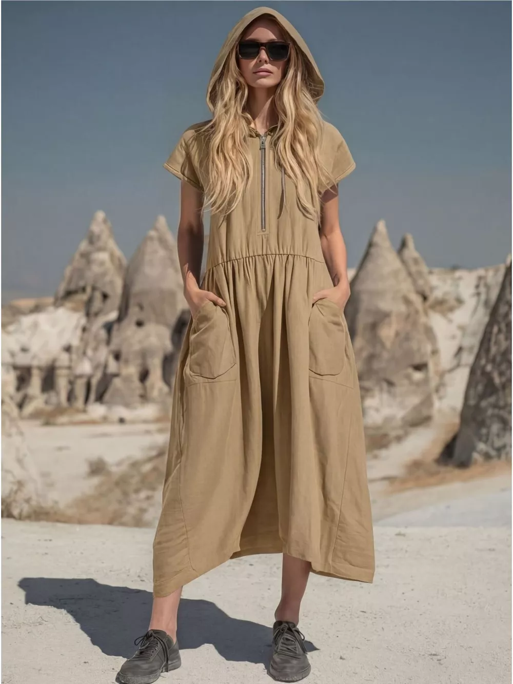 Full Size Hooded Midi Dress with Zipper and Pockets Plus Size, image 7