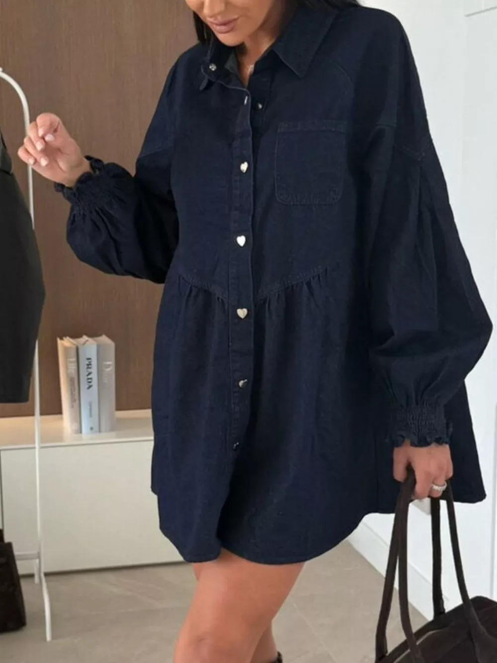 Button Down Mini Denim Dress with Front Pockets, image 14