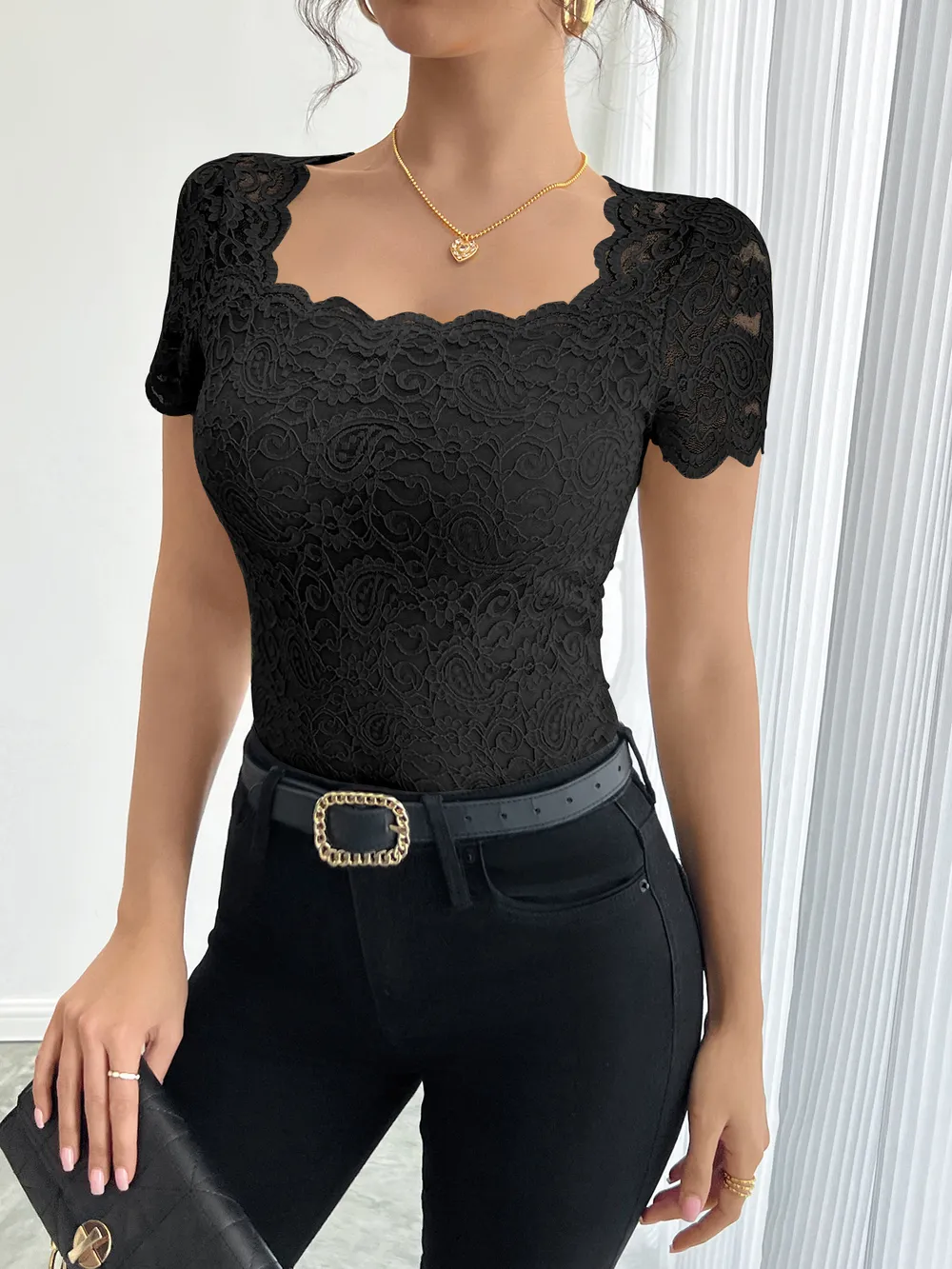 Floral Lace Square Neck T-Shirt, image 10