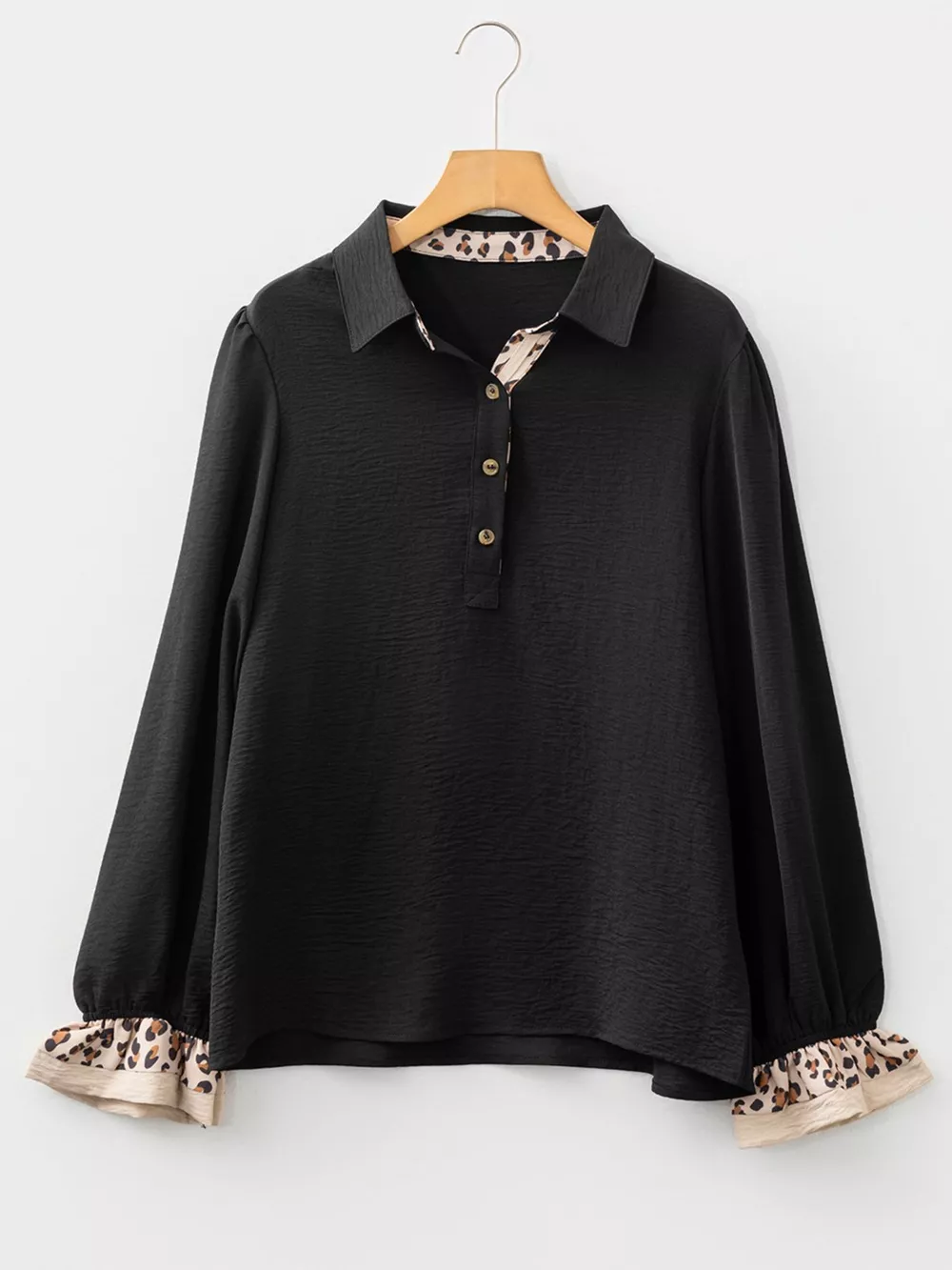 Contrast Leopard Print Patchwork Polo Collar Buttons Front Long Sleeve Blouse, image 3