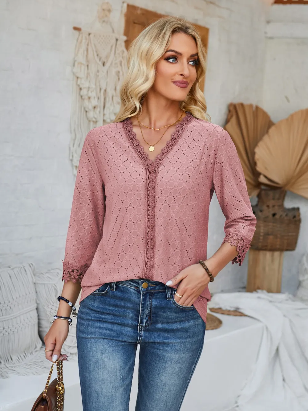 Lace Detail V-Neck Three-Quarter Sleeve Blouse, image 3