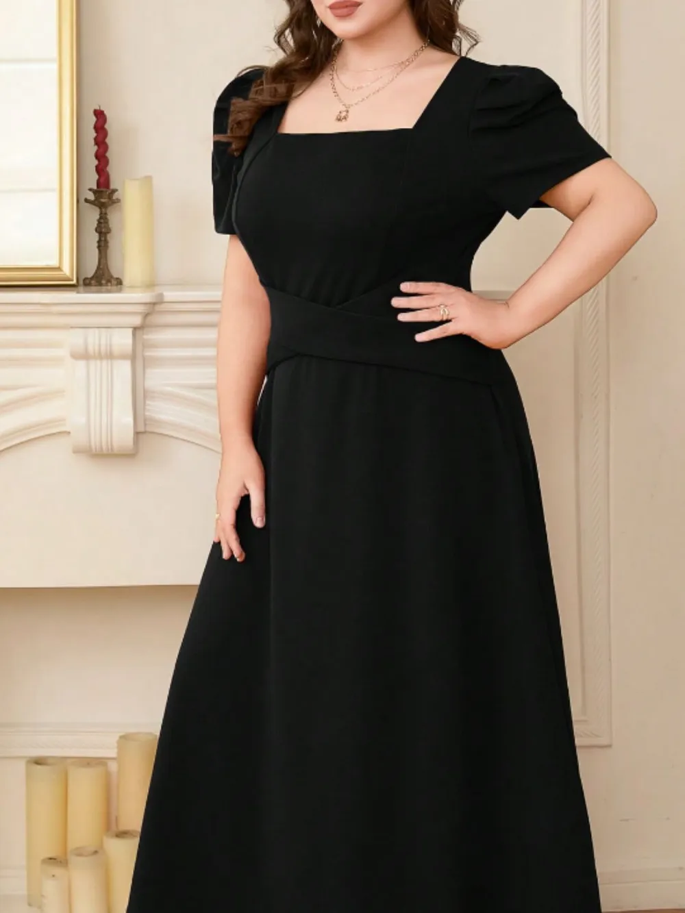 Plus Size Square Neck Puff Sleeve Midi Dress, image 6