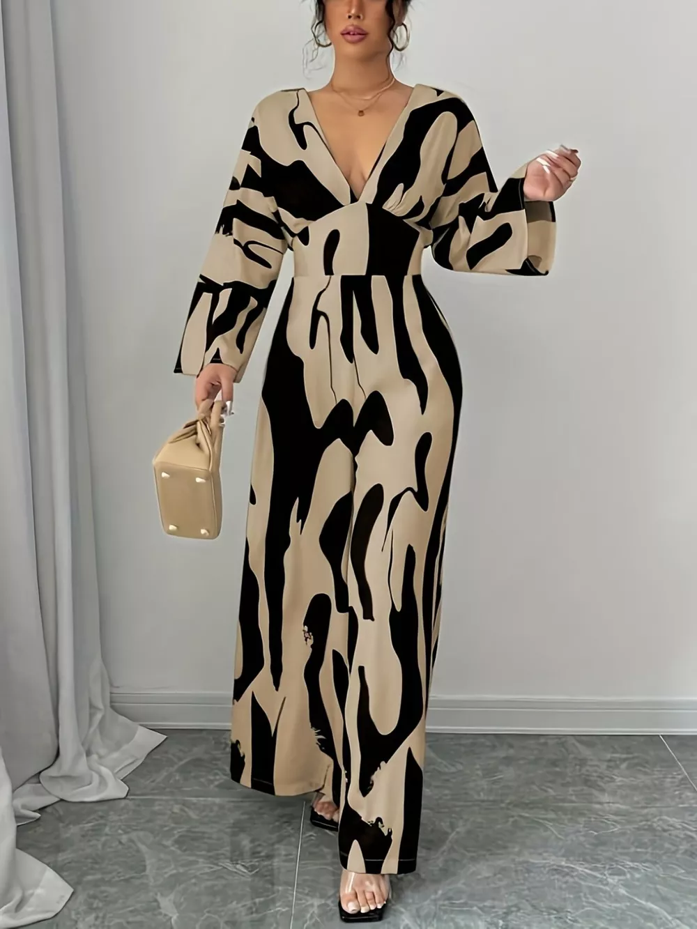 Abstract Print V-Neck Wide Leg Jumpsuit, image 2