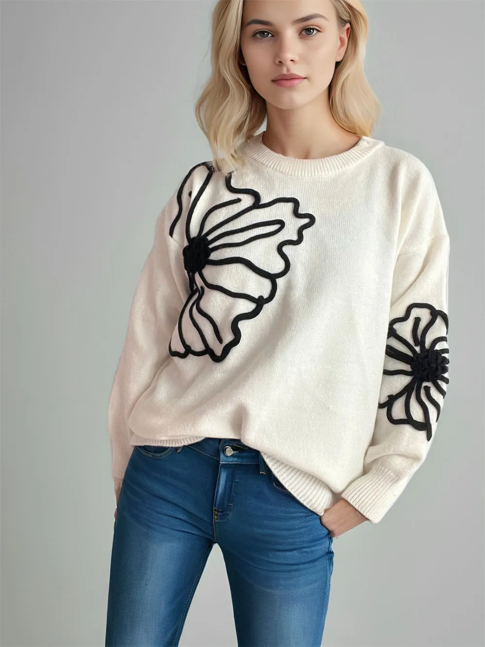 Flower Round Neck Long Sleeve Sweater, image 9