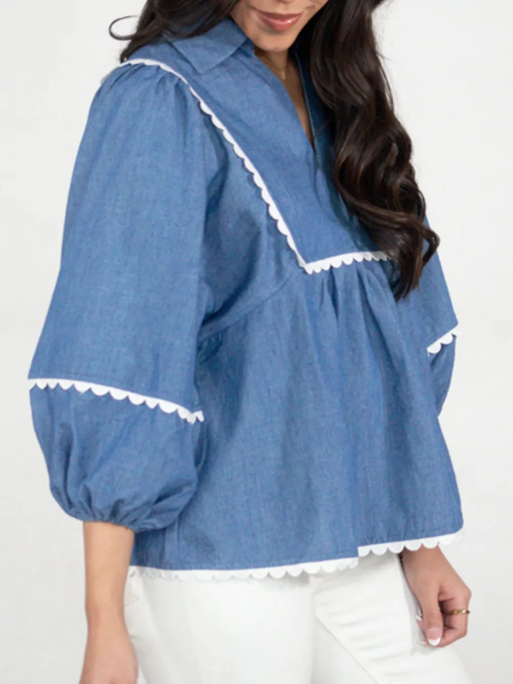 Collared Neck Contrast Trim Balloon Sleeve Blouse, image 3