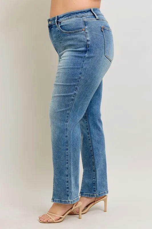 Full Size High Waist Vintage Wash Front Seam & Slit Straight Plus Size, image 7