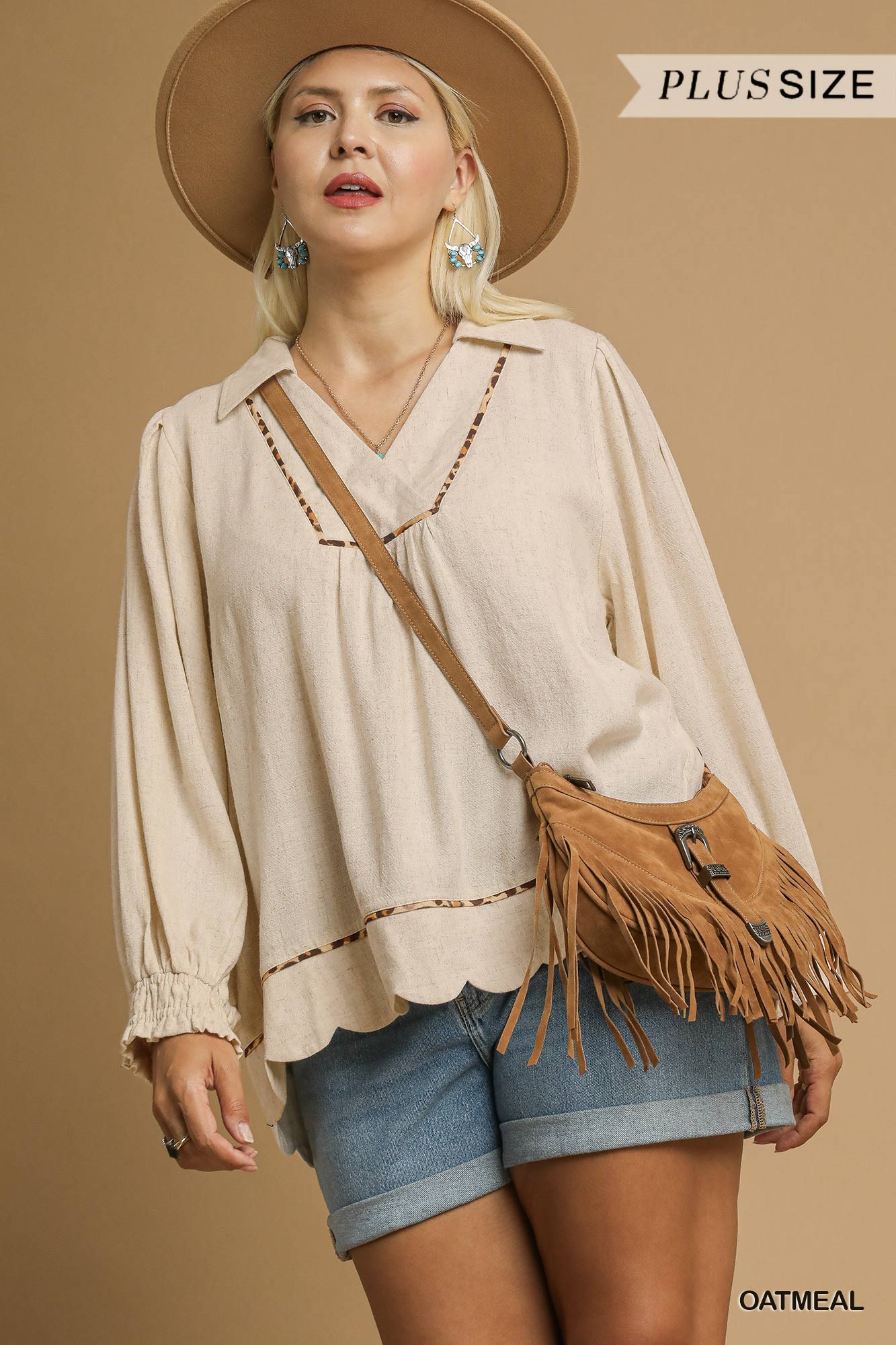 Full Size Linen Scallop Hem Blouse with Contrast Trim Plus Size, image 7