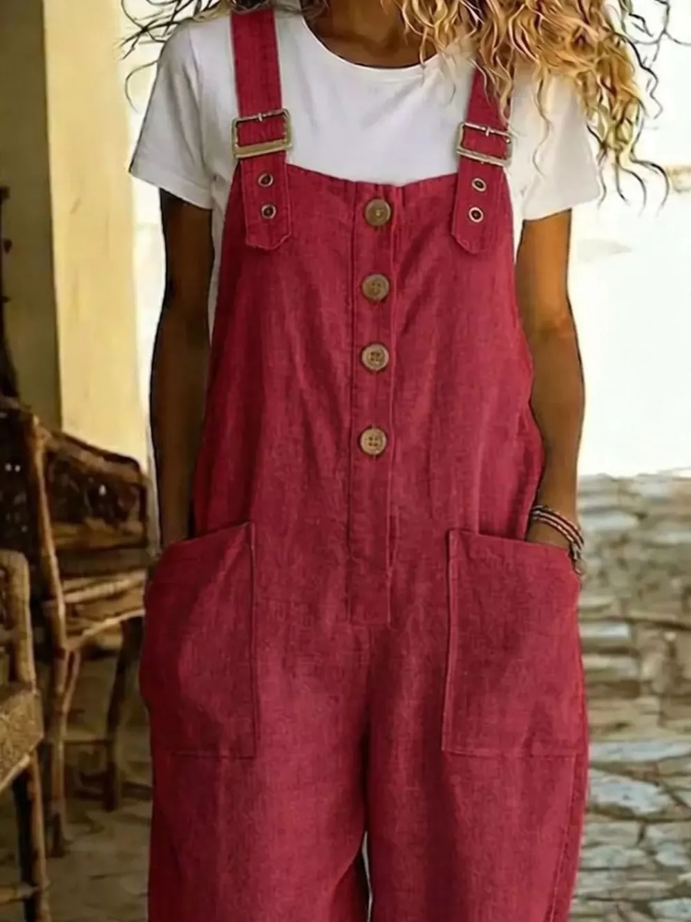 Casual Button Front Wide Leg Overalls, image 3