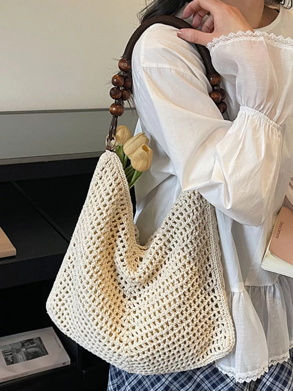 Knitted Shoulder Bag with Wooden Bead Handle, image 4