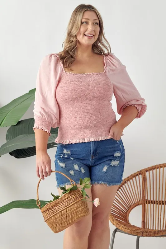 Full Size Ruffled Smocked Frill Square Neck Top Plus Size, image 7