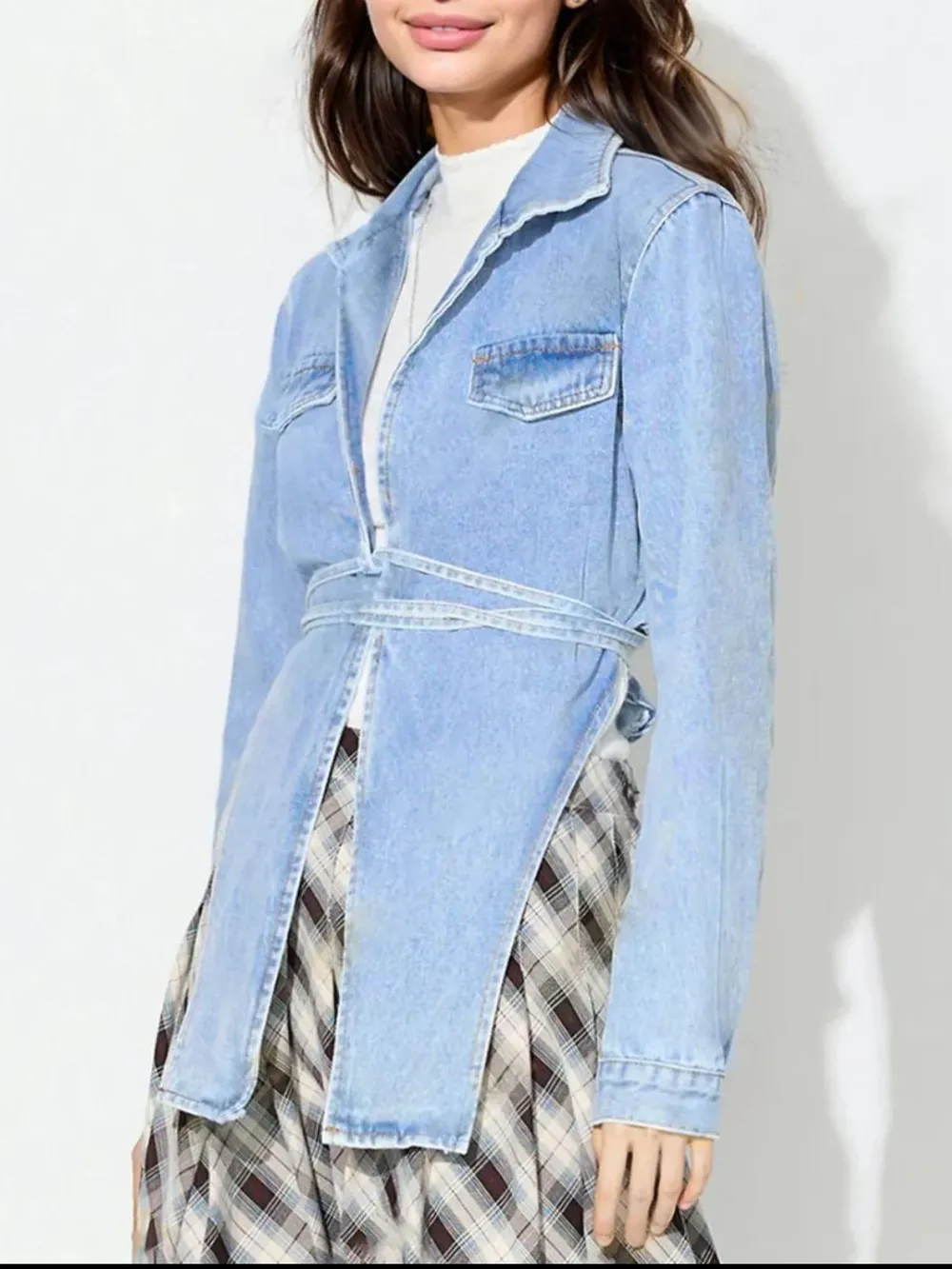 Asymmetric Slit Collared Neck Long Denim Top, image 4