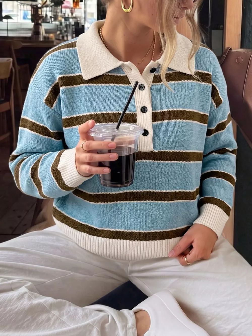 Striped Polo Collar Sweater, image 2