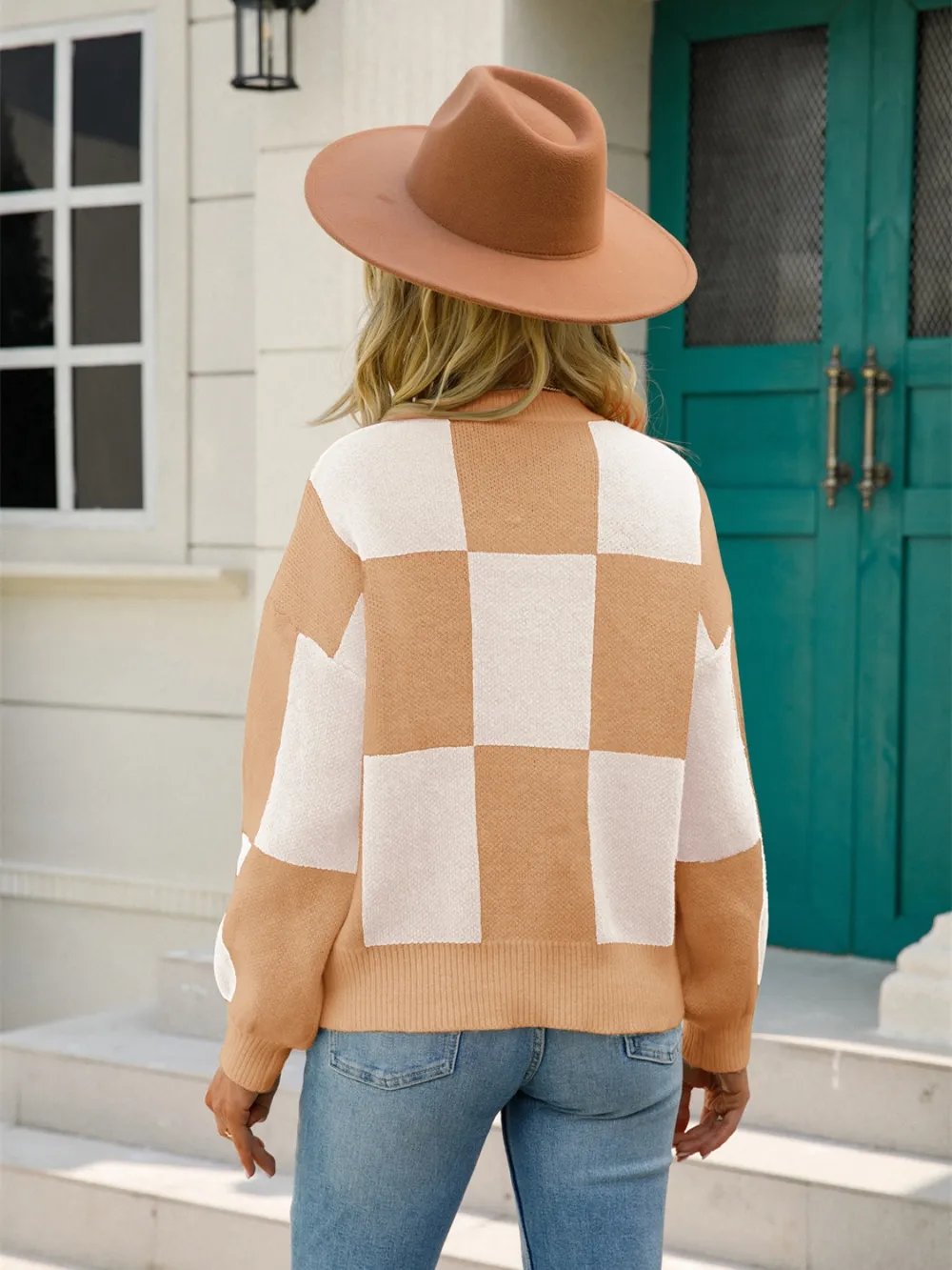 Checkered Round Neck Dropped Shoulder Sweater, image 12