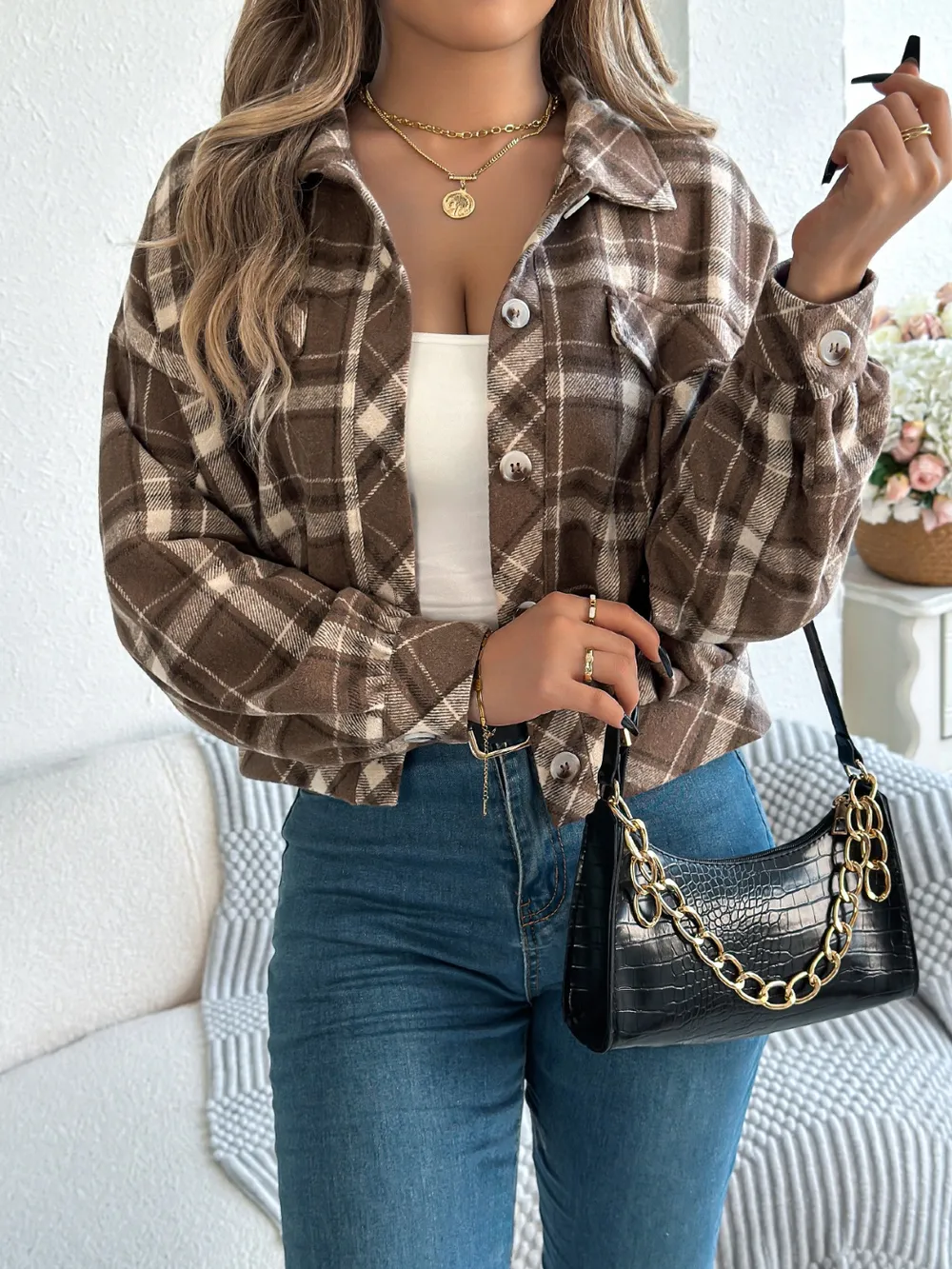 Plaid Button Up Long Sleeve Jacket, image 10