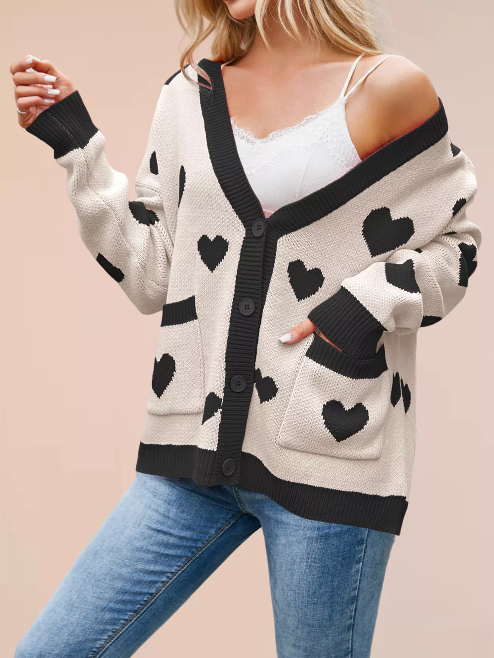 Heart Pattern Button-Up Knit Cardigan, image 19