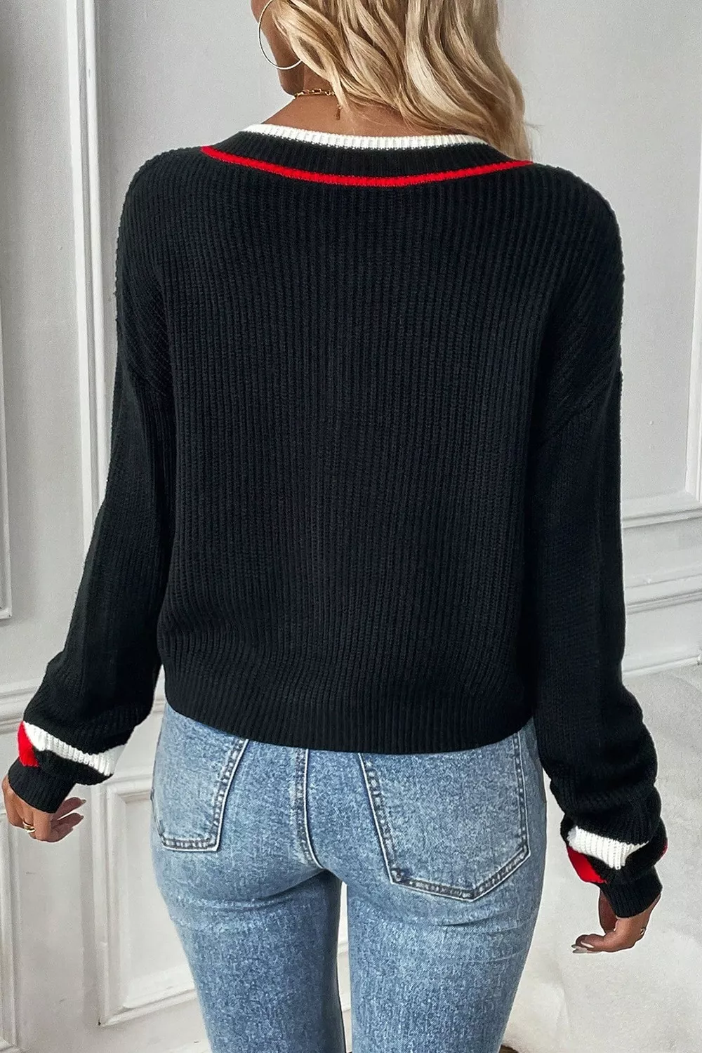 V-Neck Striped Trim Sweater, image 5