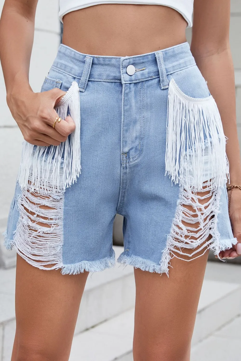 Distressed Fringe Denim Shorts, image 15