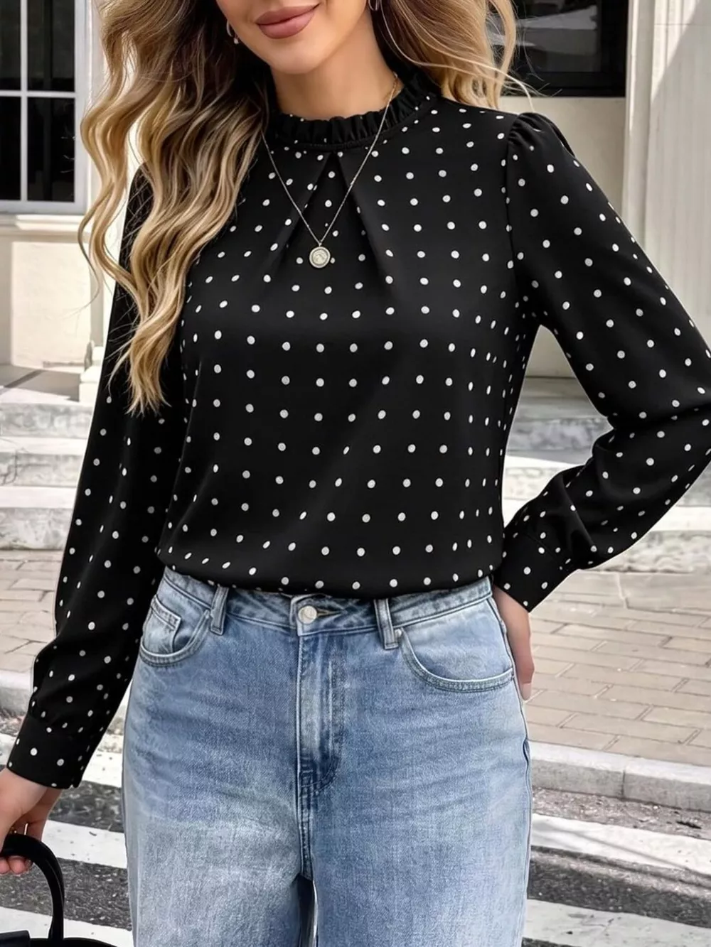 Elegant Polka Dot Print Mock Neck Long Sleeve Blouse, image 5