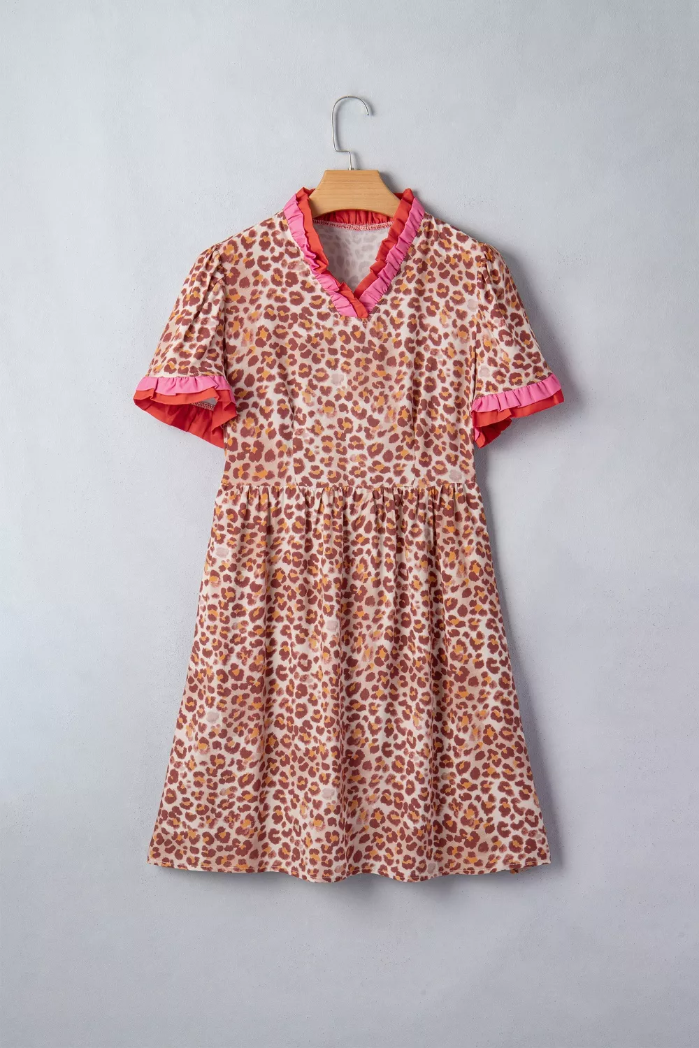 Leopard High Waist Ruffled Colorblock Trim Short Dress, image 4