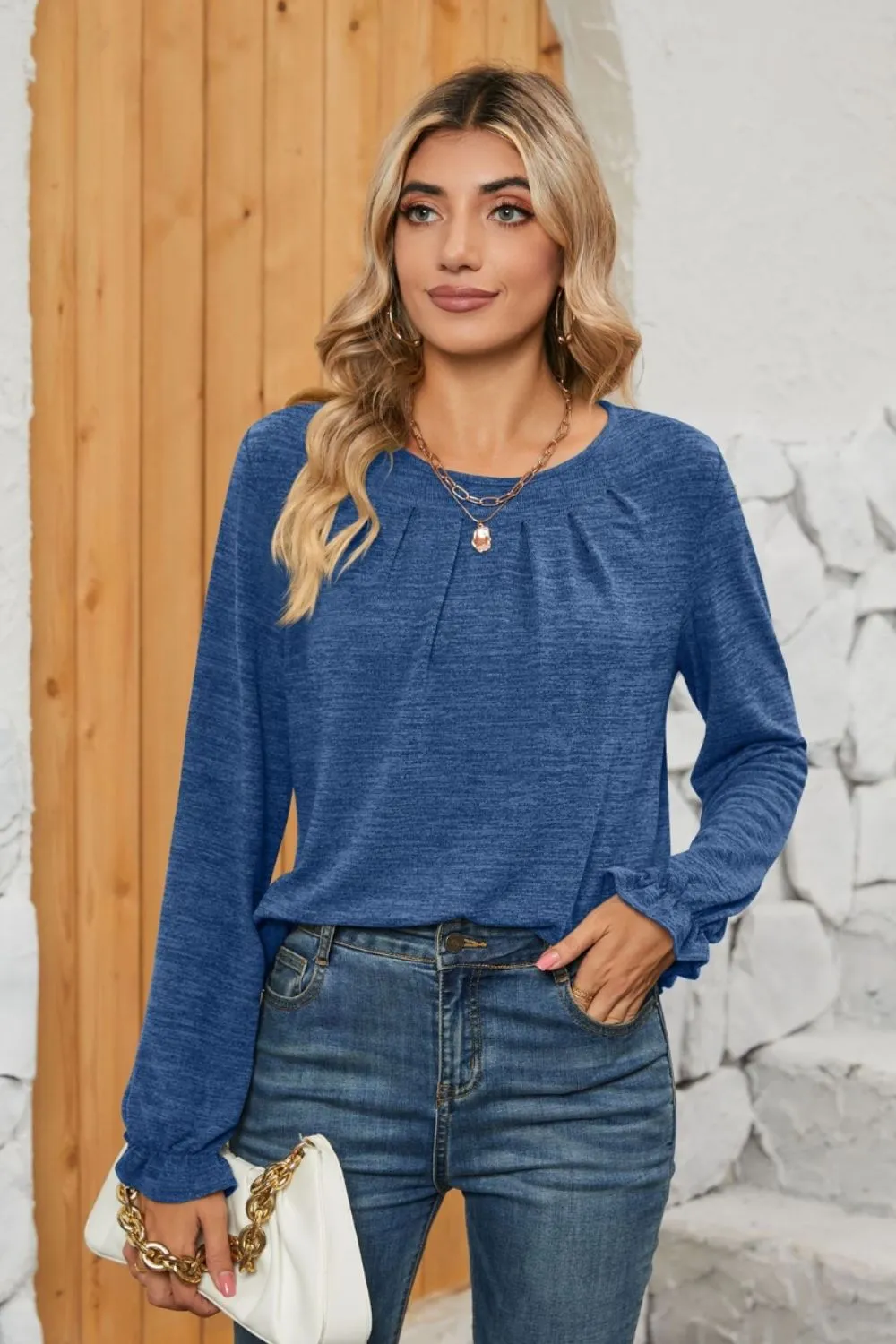 Ruched Round Neck Flounce Sleeve T-Shirt, image 11