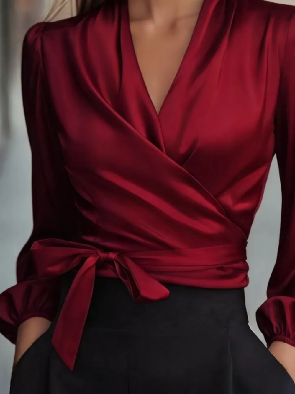 Satin Tie Waist Wrap Blouse, image 11