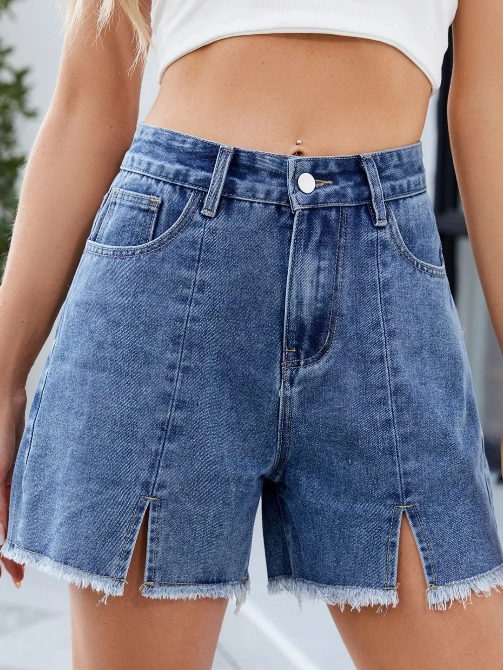 Raw Hem Slit Denim Shorts, image 14