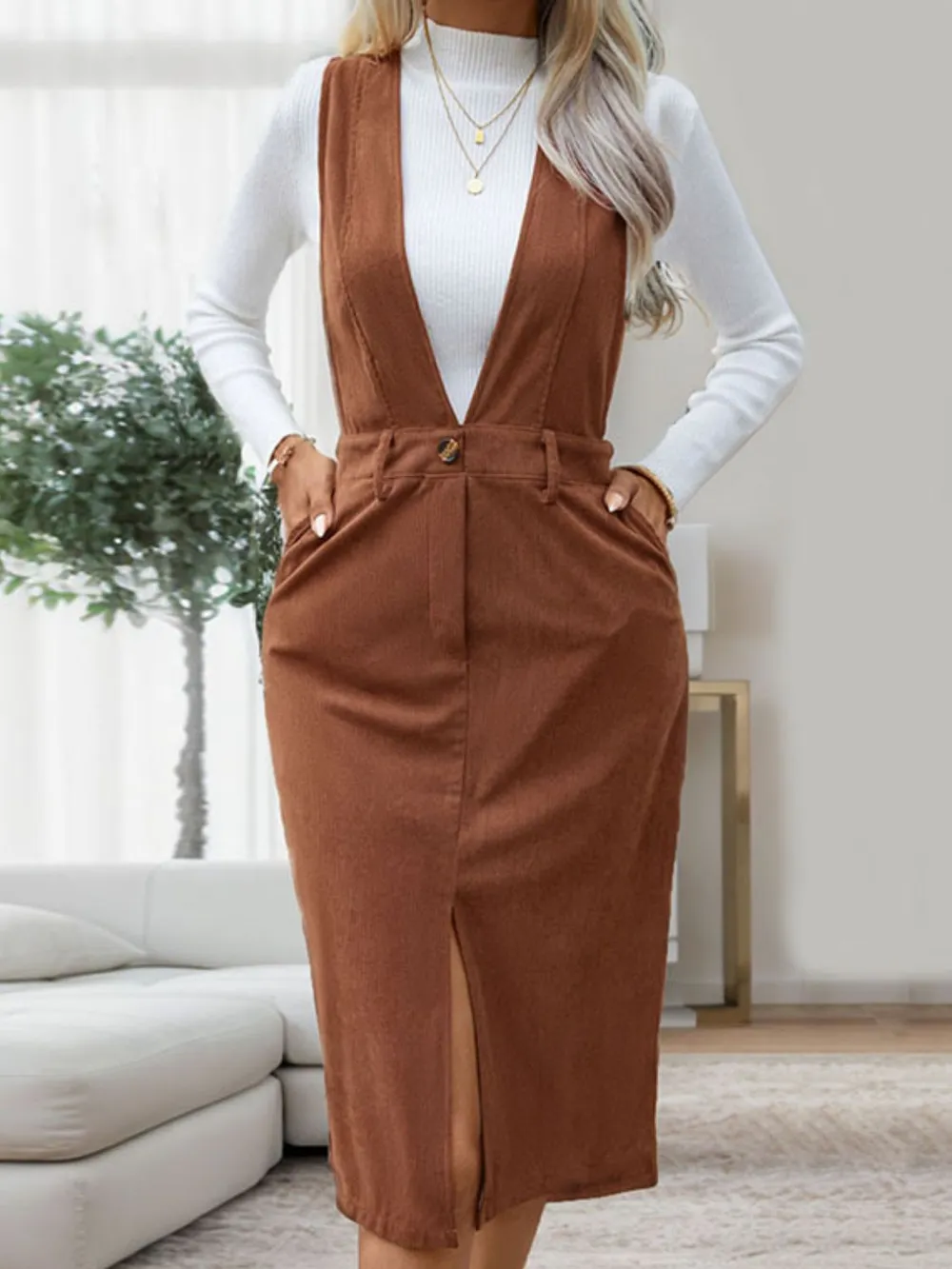 Slit Overall Dress with Pockets, image 6