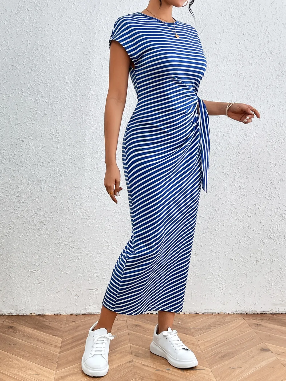 Tied Striped Round Neck Short Sleeve Tee Dress, image 24